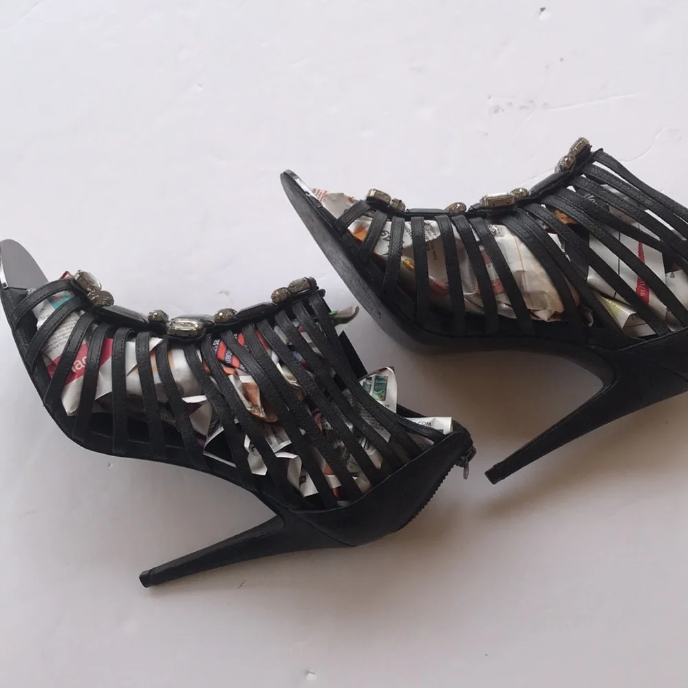 Tory Burch Black Sandals Heels Crystal Stiletto High Designer Gem Sparkle 9 Cute